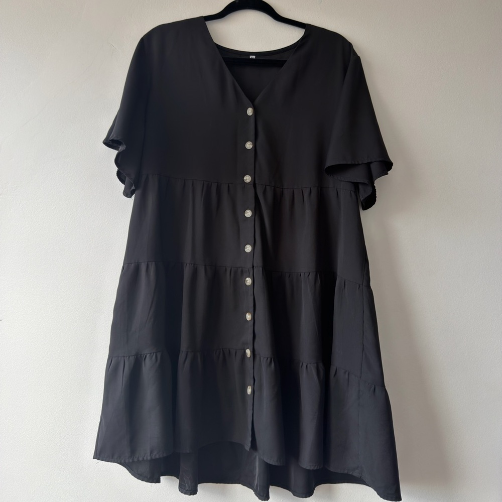 Black Tiered Babydoll Mini Dress V-Neck Button Front Short Sleeve XL
